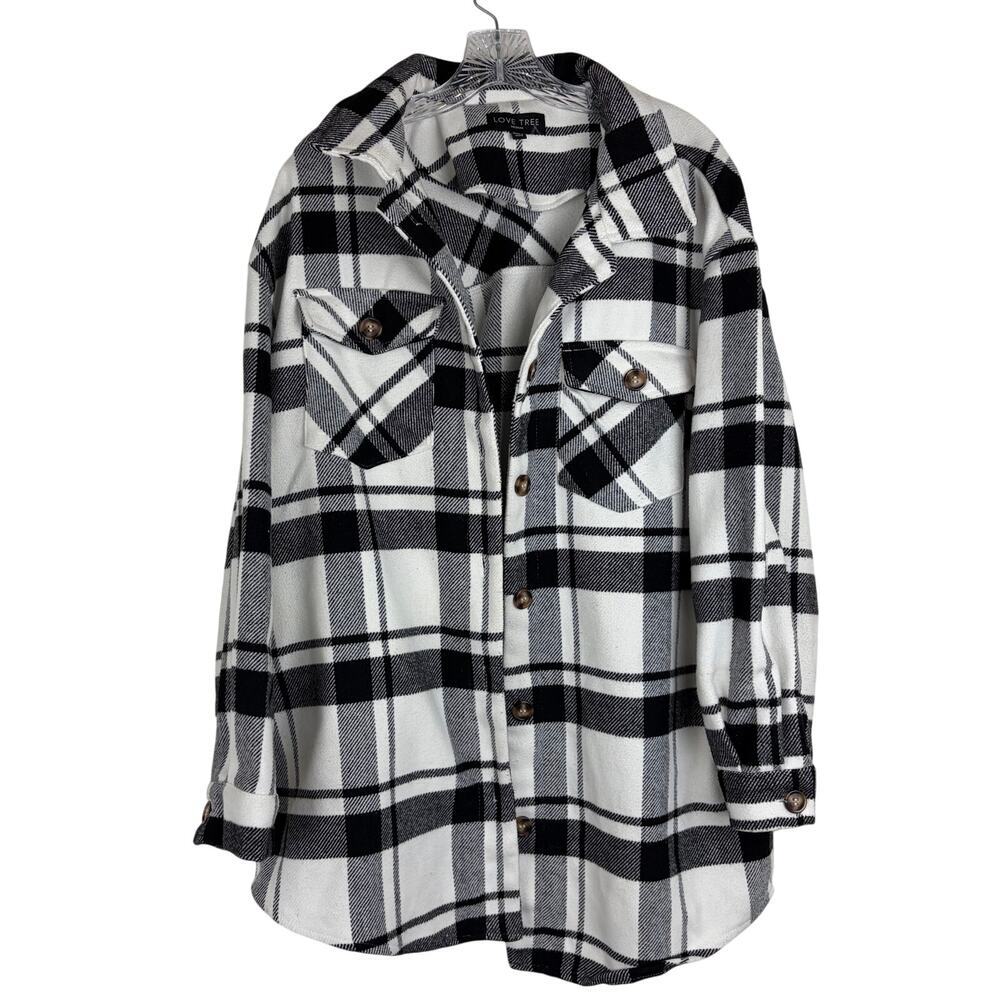 Love Tree Womens Flannel Shirt Medium Black White Plaid Button Up‎ Oversized